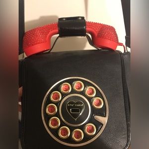 Betsey Johnson Black Phone Purse with detachable red bejewled phone